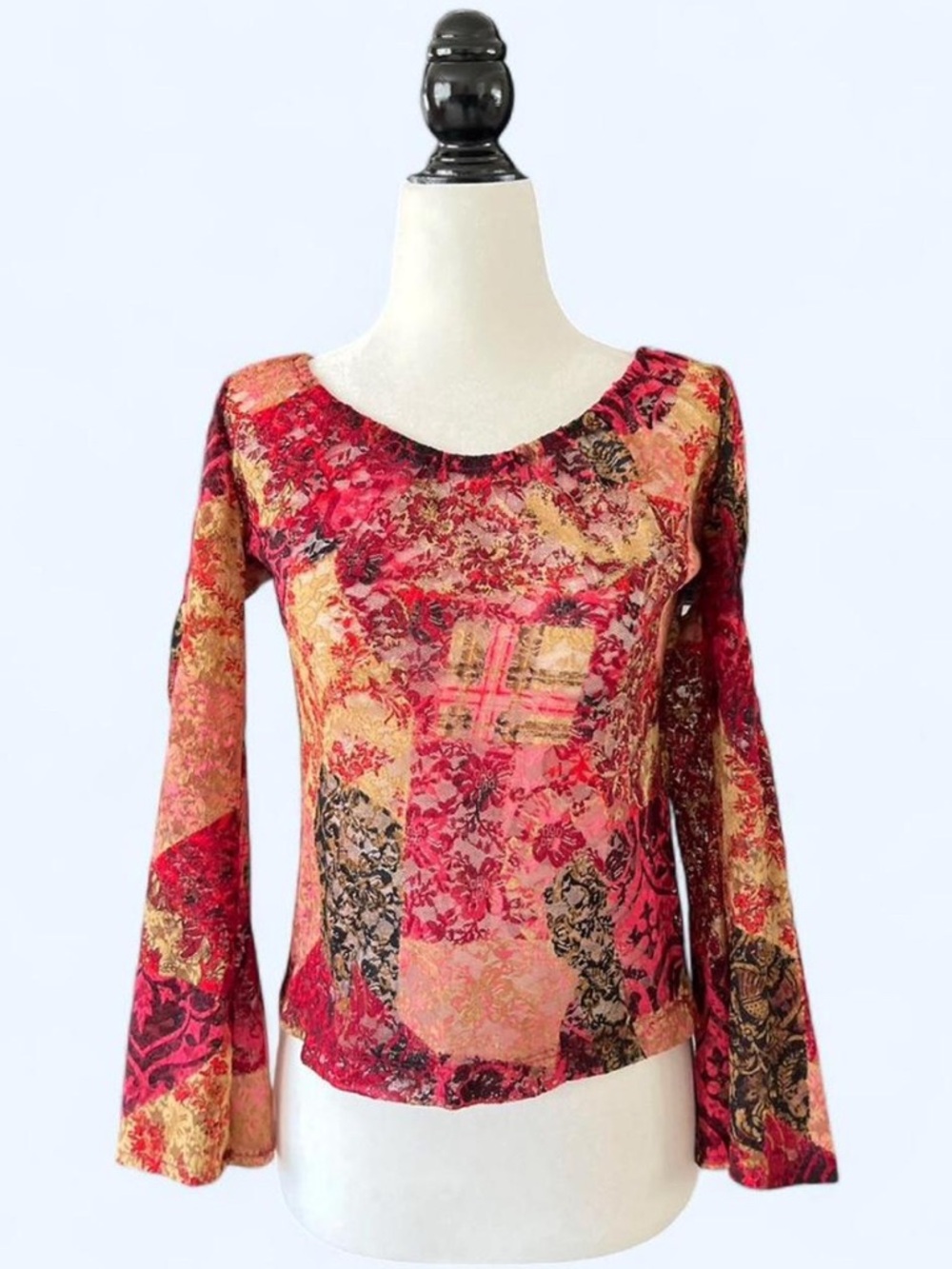 Reitmans Red and Pink Floral Patchwork Long-Sleeve Top Fairy Boho Size M